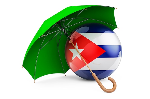 Bandera cubana bajo paraguas Protección y seguridad del concepto de Cuba Representación 3D