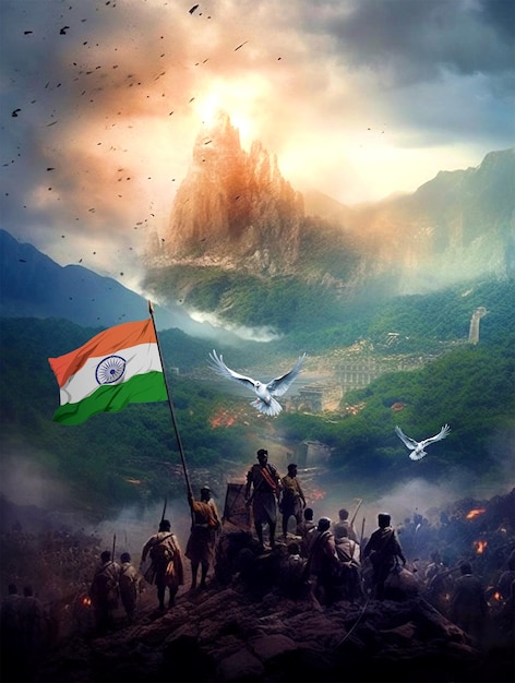 Bandera del Día de la Independencia de India con luchadores por la libertad y bandera india