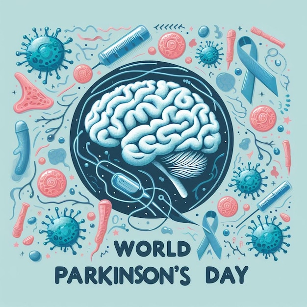 Bandera del Día Mundial del Parkinson con el cerebro y las neuronas