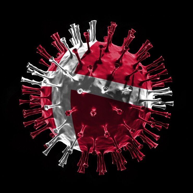 Foto la bandera de dinamarca en covid-19 es un concepto de virus. renderizado 3d