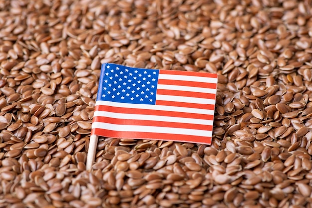 Bandera de EE. UU. en grano de lino Concepto de origen de la agroindustria de grano marrón en EE. UU.