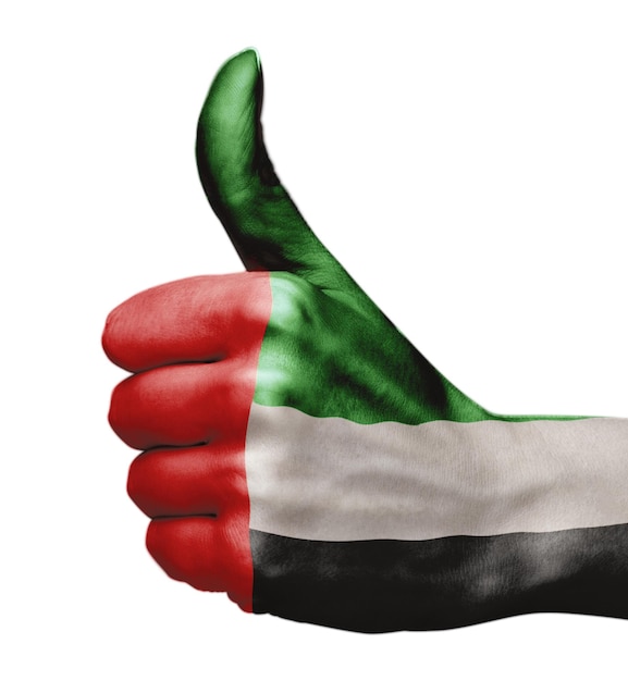 Foto la bandera de los emiratos árabes unidos en la mano indica la aprobación