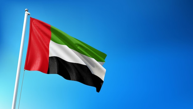 Bandera de los Emiratos Árabes Unidos volando sobre fondo de cielo azul 3D Render