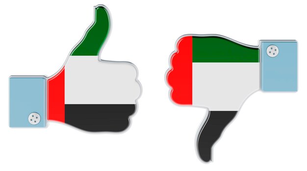 La bandera de los Emiratos Árabes Unidos pintada en la mano con el pulgar hacia arriba y el pulgar hacia abajo Me gusta y no me gusta en la representación 3D del concepto de los Emiratos Árabes Unidos