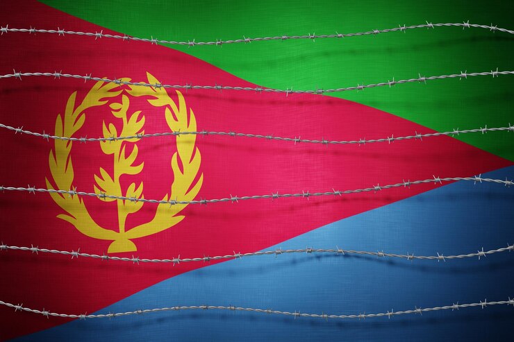 Foto la bandera de eritrea y el alambre de púas ilustración 3d