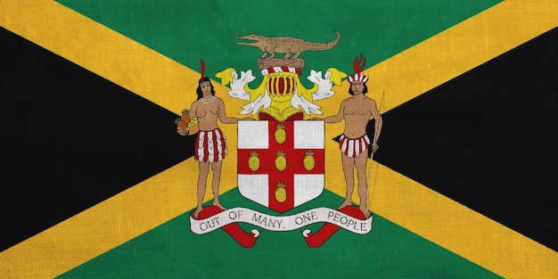 Bandera y escudo de armas de Jamaica en un fondo texturizado Collaje conceptual