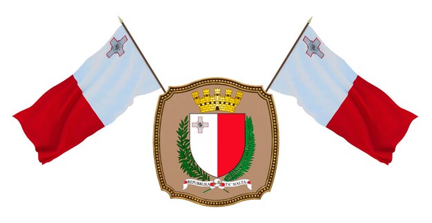 Bandera y escudo de armas de Malta Fondo para editores y diseñadores Fiesta nacional Ilustración 3D
