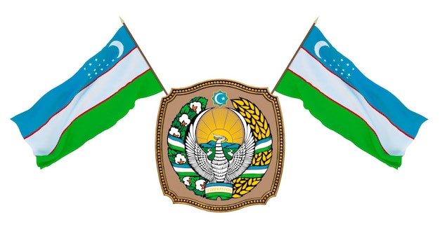 Bandera y escudo de armas de Uzbekistán Fondo para editores y diseñadores Ilustración 3D de fiesta nacional