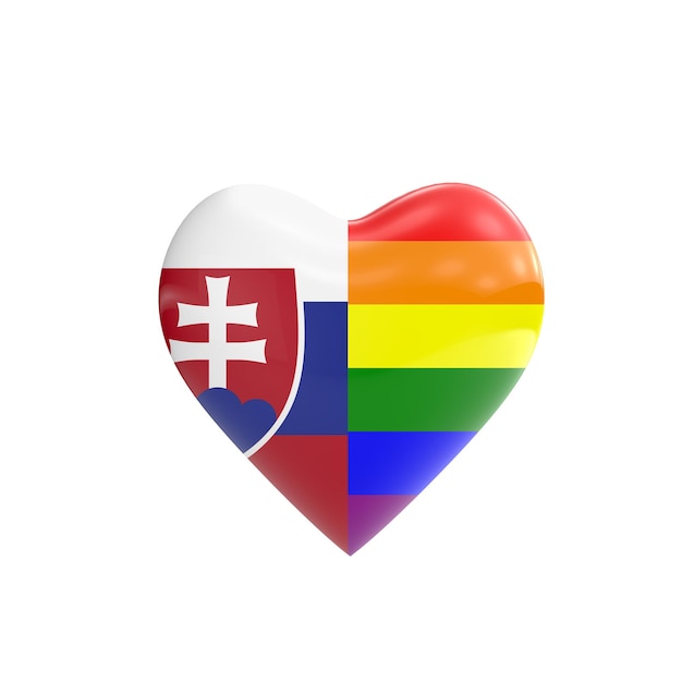 Bandera de Eslovaquia y bandera de arco iris LGBT gay en forma de corazón Concepto de derechos de los homosexuales Representación 3D