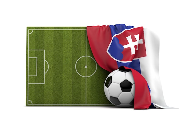 La bandera de Eslovaquia cubre un campo de fútbol y una pelota de fútbol 3D Rendering