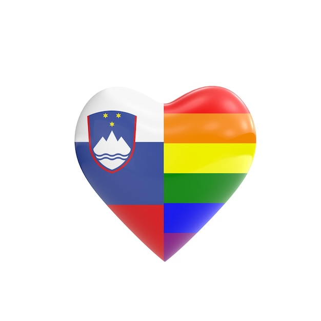 Bandera de Eslovenia y bandera del arco iris LGBT gay en forma de corazón Concepto de derechos de los homosexuales Representación 3D