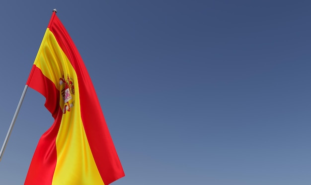 Bandera de España en el asta de la bandera sobre fondo azul Lugar para el texto La bandera se despliega en el viento España Europa Madrid Ilustración 3D