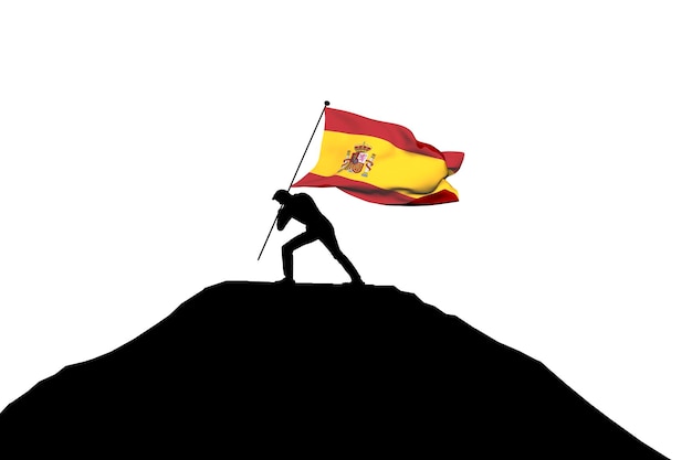 La bandera de España es empujada a la cima de la montaña por una silueta masculina 3D Rendering