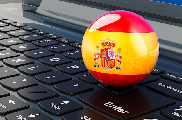 Bandera española en el teclado de la computadora portátil Compras de educación empresarial en línea en España concepto renderización 3D