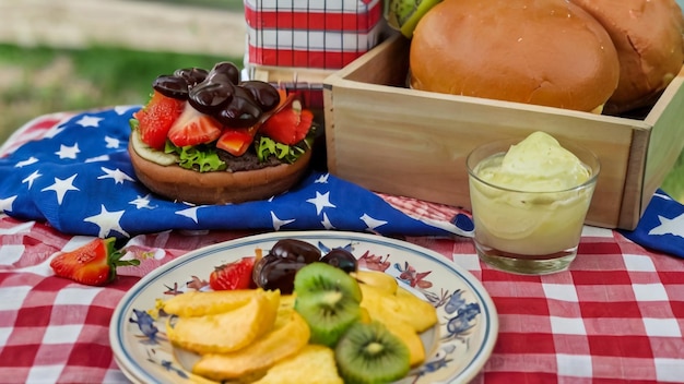 una bandera está en una mesa con una bandera y una canasta de frutas