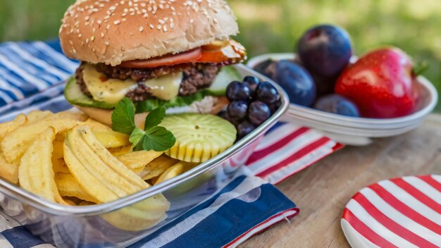 una bandera está en una mesa con una bandera y una canasta de frutas