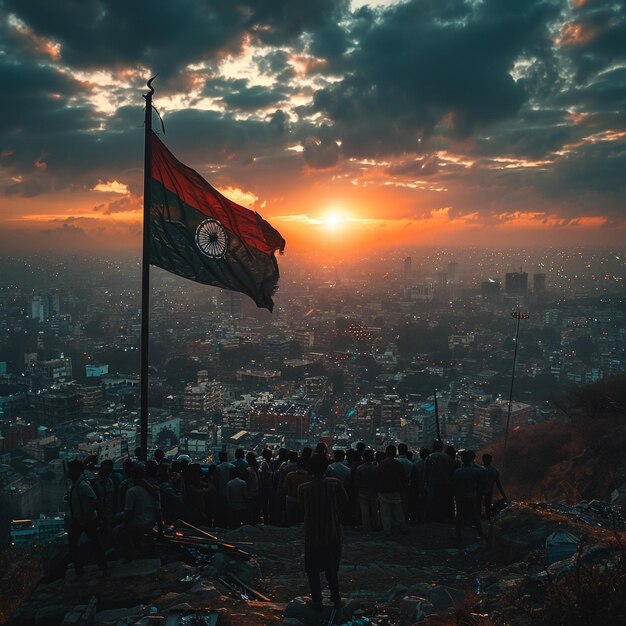 una bandera está volando sobre una ciudad con personas de pie en la parte superior de ella