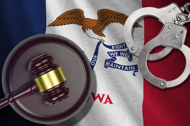 Bandera del estado de Iowa con mazo de juez y esposas en el cuarto oscuro concepto de penal y castigo