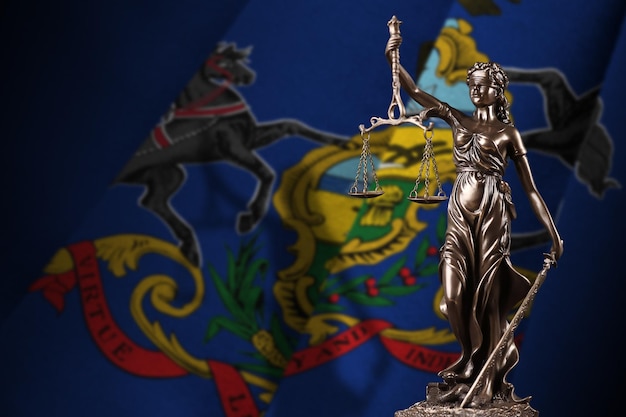 Bandera del estado de Pensilvania con la estatua de la dama de la justicia y escalas judiciales en el cuarto oscuro Concepto de juicio y castigo