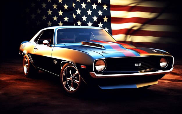 La bandera de los Estados Unidos adorna un automóvil musculoso estadounidense de alto detalle