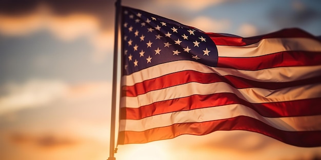 La bandera de los Estados Unidos de América ondea en el viento bajo la suave luz del atardecer