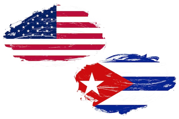 Bandera de estados unidos y cuba juntos sobre un fondo de pincel de trazo blanco