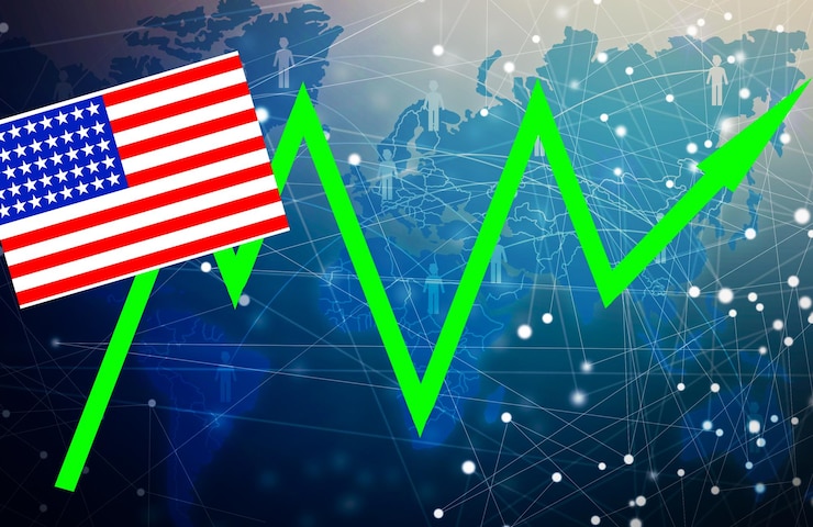 Foto bandera de estados unidos, flecha ascendente ascendente, gráficos y tablas. recuperación económica.