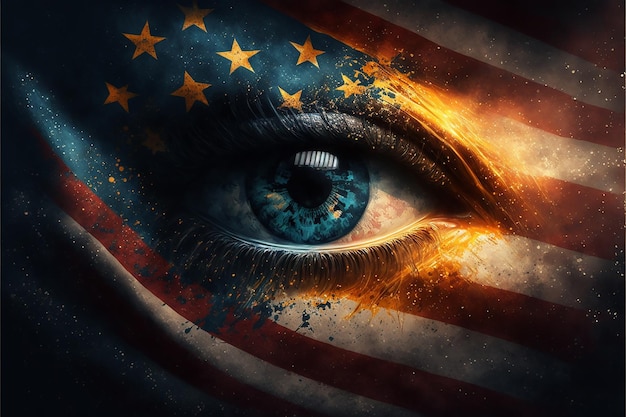 La bandera de los Estados Unidos y el ojo femenino del ojo de la mujer pintado con los colores de la bandera de los EE.UU.