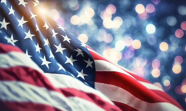 Foto bandera de los estados unidos ondeando el 4 de julio fondo bokeh