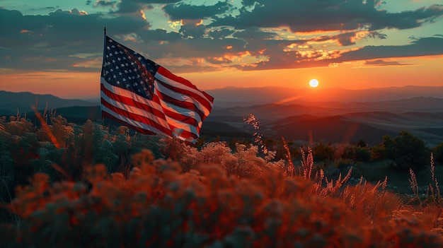 La bandera de los Estados Unidos ondeando al atardecer con el cielo nublado