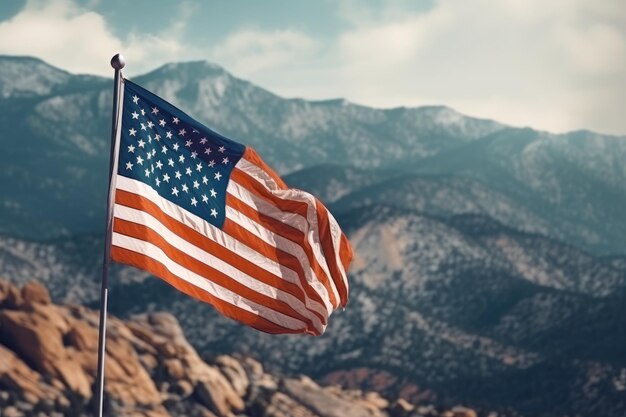 Bandera de Estados Unidos ondeando en las montañas Día de Estados Unidos