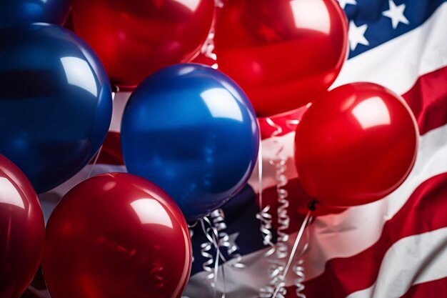 Foto bandera estadounidense balones rojos, blancos y azules celebración día de la independencia de los estados unidos festivo elecciones presidenciales