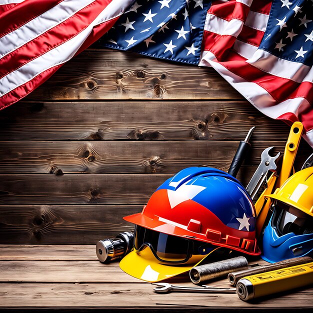 Bandera estadounidense con casco de seguridad y herramientas en la madera