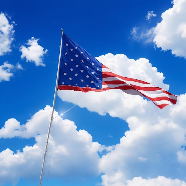 Bandera estadounidense en el cielo azul con nubes blancas