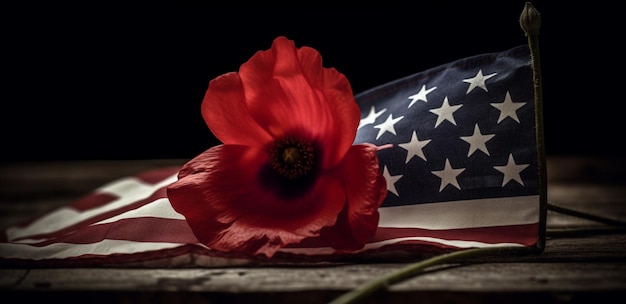 Bandera estadounidense combinada con otros símbolos o elementos del fondo de madera del Día de los Caídos