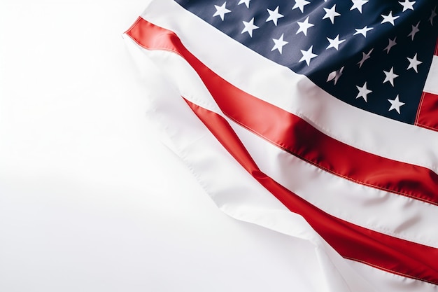Bandera estadounidense como fondo y mesa de madera para diseñar sus productos. Copiar espacio Feliz Día de la Independencia