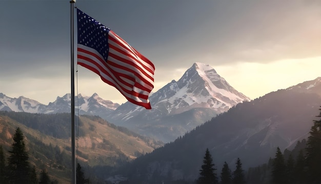 Bandera estadounidense contra el fondo de la montaña