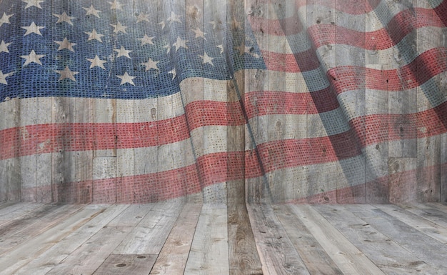 Foto la bandera estadounidense de época en la pared de madera recuperada
