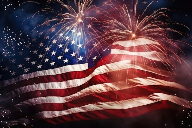 Bandera estadounidense con fuegos artificiales en el cielo nocturno Fuegos artificiales de celebración del día de la independencia en el fondo de la bandera estadounidense en el Día de la Independencia de EE. UU. Generado por IA