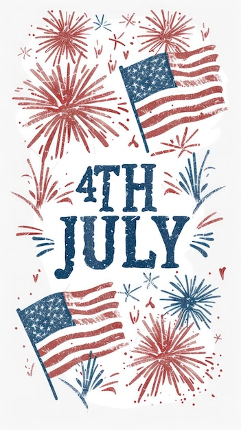 Foto la bandera estadounidense y los fuegos artificiales sobre un fondo blanco con letras azules que escriben 4th july en el texto