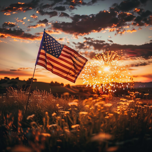 Bandera estadounidense y fuegos artificiales en Sunset Rural Field