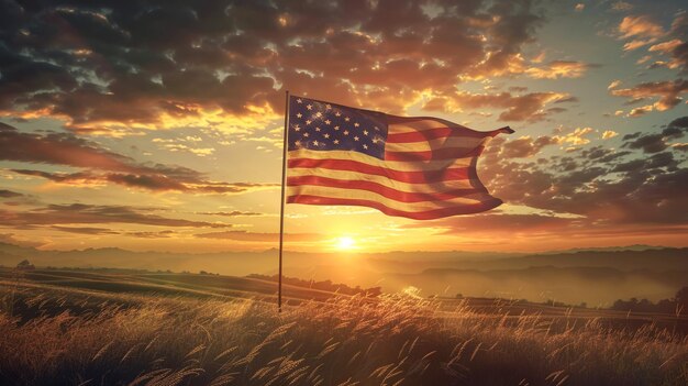 Bandera estadounidense en el mástil ondeando en el viento contra las nubes Bandera estadounidense frente al cielo brillante