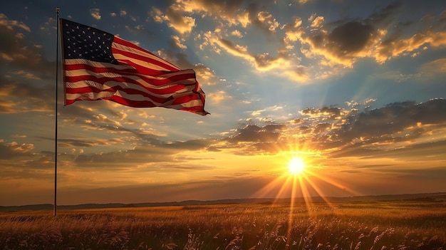Foto bandera estadounidense en el mástil ondeando en el viento contra las nubes bandera estadounidense frente al cielo brillante