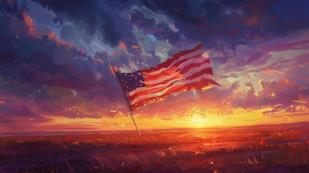 Foto bandera estadounidense en el mástil ondeando en el viento contra las nubes bandera estadounidense frente al cielo brillante