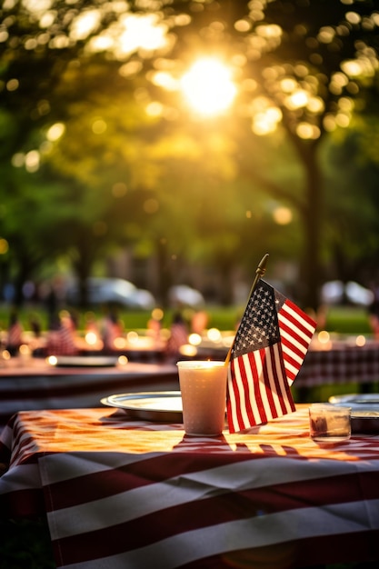 Bandera estadounidense en una mesa puesta para un picnic en el parque