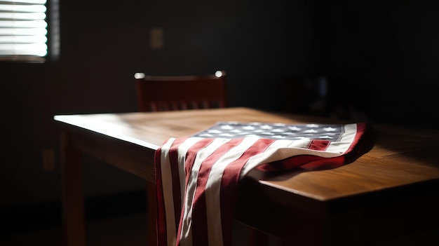 bandera estadounidense en una mesa