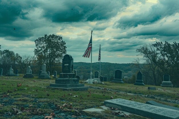 Bandera estadounidense ondeando sobre el cementerio en honor al difunto Una escena sombría de banderas soplando en el viento en un cementerio