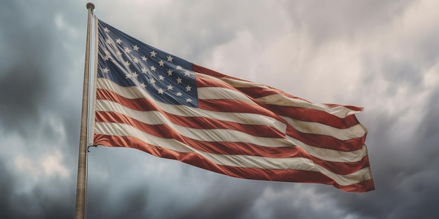 Bandera estadounidense ondeando en el viento contra un cielo tormentoso con IA generada