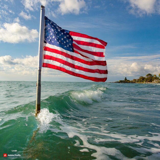 Bandera estadounidense con un poste ondeando dentro del agua del mar