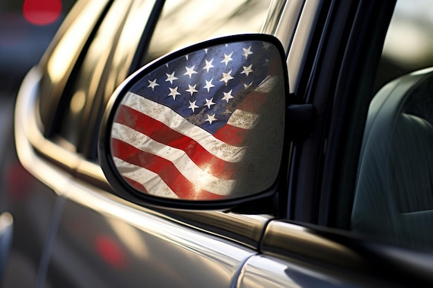 La bandera estadounidense reflejada en el espejo retrovisor de un coche